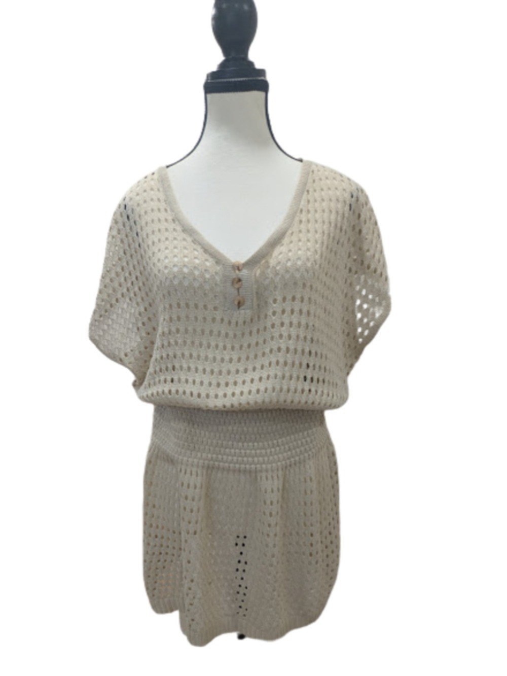 Cream Open Knit Mini Dress Boho Beach Cover Up Coastal Cottagecore Festival SZ L